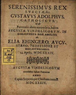 Serenissimus rex Sueciae Gustavus Adolphus catholicus