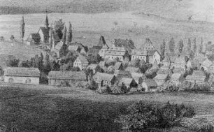 Gmina Bogatynia-Biedrzychowice Górne (Friedersdorf). Ortsansicht, Lithographie, Ausschnitt, aus: Morawek 1863