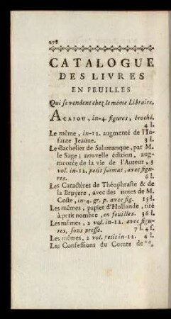 Catalogue Des Livres En Feuilles Qui se vendent chez le même Libraire.