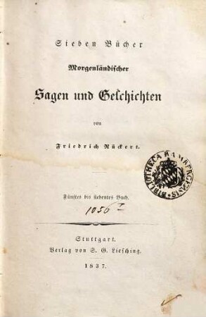 Sieben Bücher morgenländischer Sagen und Geschichten, 2. (1837). - 348 S.