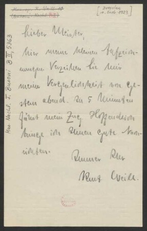 Brief an Ferruccio Busoni : 1923