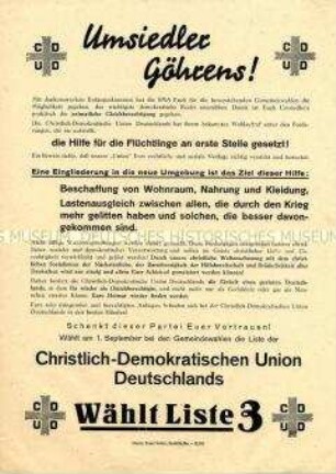 Wahlpropaganda der CDU-Ortsgruppe Göhren mit Ausrichtung auf die Umsiedler und Flüchtlinge