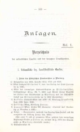 Anl. 1. Verzeichnis der urkundlichen Quellen und der benutzten Druckschriften.