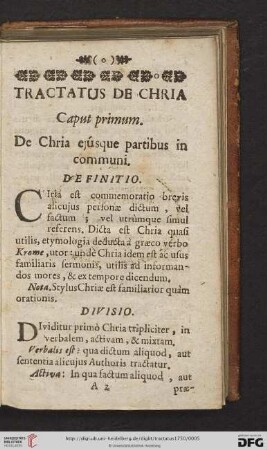 Caput Primum: De Chria ejúsque partibus in communi