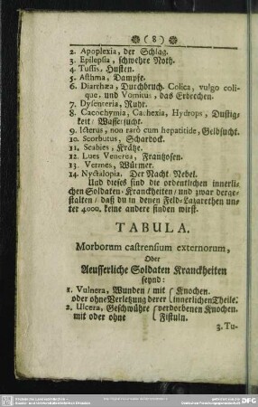 Tabula. Morborum castrensium externorum, Oder Aeusserliche Soldaten-Kranckheiten seynd