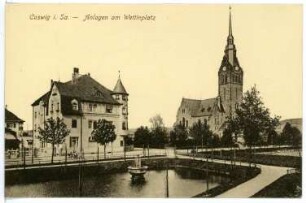 Coswig. Wettinsplatz, im Hintergrung die Peter-Pauls-Kirche