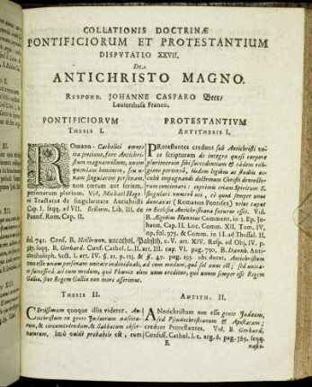 Disputatio XXVII. De Antichristo Magno. Respond. Johanne Casparo Beer/ Leutershusa Franco.