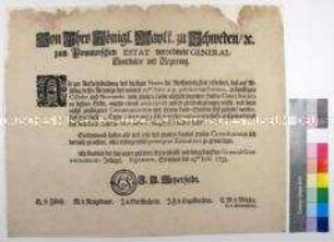 Patent des schwedischen Statthalters in Pommern Johann August Meijerfeldt betreffend Aufbringung der Hufe-Contributionen