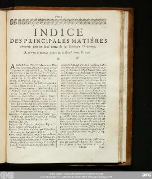 Indice Des Principales Matiéres contenuës dans les deux Tomes de la Théologie Chrétienne.