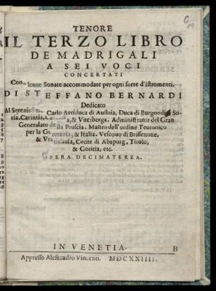 Steffano Bernardi: Il terzo libro de madrigali a sei voci concertati ... Tenore