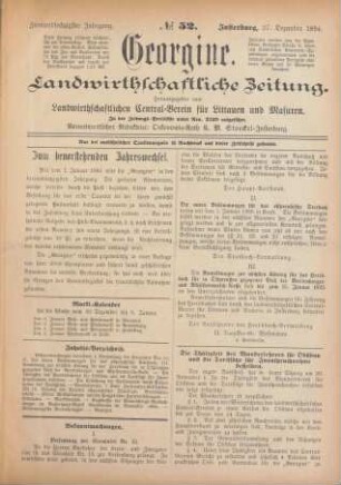 Zweiundsechzigster Jahrgang. No. 52. Insterburg, 27. Dezember 1894.