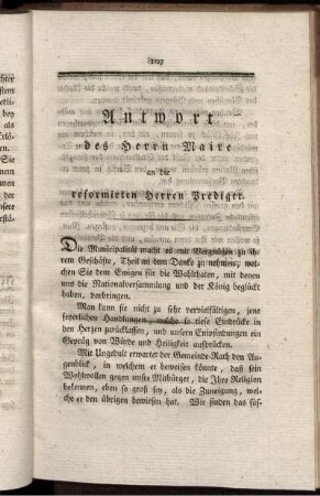 Antwort des Herrn Maire an die reformirten Herren Prediger.