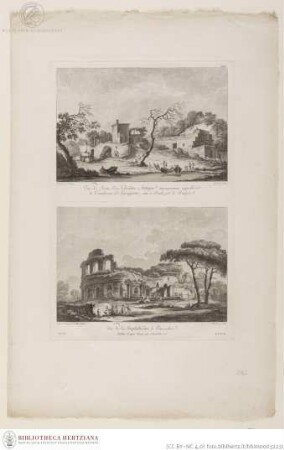 Blatt mit zwei Drucken; oben: Das Grab der Agrippina bei Baja; unten: Das Amphitheater von Pozzuoli