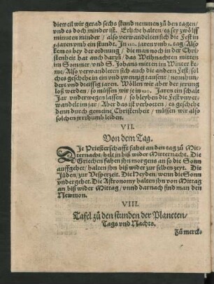 VIII. Tafel zu den stunden der Planeten/ Tags und Nachts.