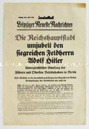 Sonderblatt der "Leipziger Neuesten Nachrichten" zum Empfang Hitlers in Berlin nach der Kapitulation Frankreichs