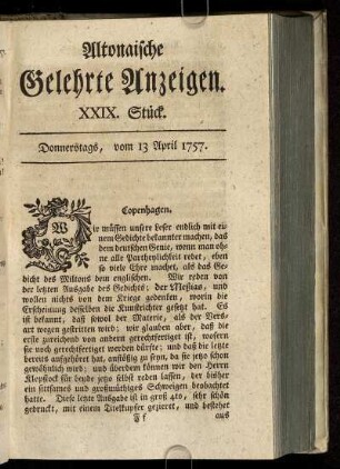 XXIX. Stück. Donnerstags, vom 13 April 1757