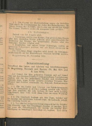 Bekanntmachung betreffend das Laden und Löschen von Schiffsfahrzeugen in Magdeburg, Neustadt und Buckau (25. Mai 1874 und 9. Juni 1875).