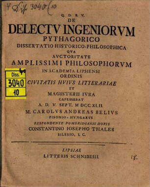 De delectu ingeniorum Pythagorico dissertatio philologico-historica