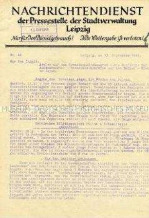 Interner Nachrichtendienst der Stadtverwaltung Leipzig u.a. zum bevorstehenden Prozeß gegen Aufseher des KZ Belsen und zum Gewerkschaftskongress in London ("Nur für den Dienstgebrauch")