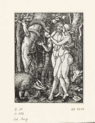 Sündenfall, Blatt 2 aus: Albrecht Dürer, "Passio Christi ab Alberto Durer Nurenbergensi effigiata cum varij generis carminibus Fratris Benedicti Chelidonij Musophili", Nürnberg 1511, S. Aij