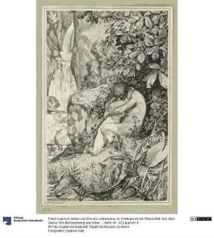 Adam und Eva als Liebespaar, im Hintergrund ein Wasserfall. Aus dem Zyklus "Ein Blumenzweig aus Eden"