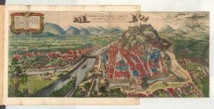 Vogelschauansicht von Graz, kolorierter Kupferstich, um 1682 : Graecium Vulgo Gratz : Metropolis Styriae / W. Hollar fe. - [Amsterdam] : [Bÿ d' Erfsgenamen van Joannes Janssonius van Waesberge], [1682]. - 1 Vogelschaukt. : Kupferst. ; 88 x 38 cm +++ Mit Gebäudeverz.