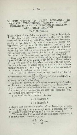 On the motion of water contained in certain cylindrical vessels, and on certain analytical theorems connected with that problem.