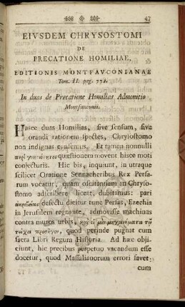 Eiusdem Chrysostomi De Precatione Homiliae.