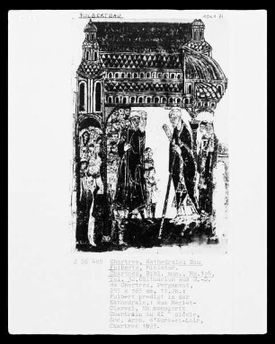 Ms. 104, fol. 32, Obituarium aus Notre-Dame de Chartres, Fulbert predigt in der Kathedrale