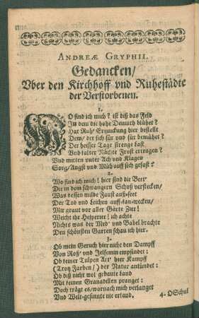 Andreae Gryphii Gedancken/ Uber den Kirchhoff und Ruhestädte der Verstorbenen.