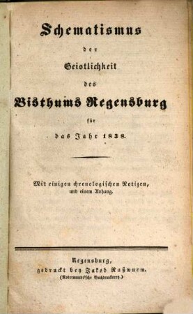 Schematismus des Bistums Regensburg. 1838, 1838