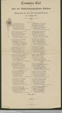 Commers-Lied zur Feier des Fünfundzwanzigjährigen Bestehens des Turnvereins für Neu- und Antonstadt-Dresden am 16. Januar 1886