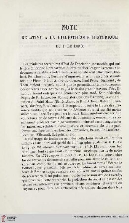 Note relative à la Bibliothèque historique du P. le Long