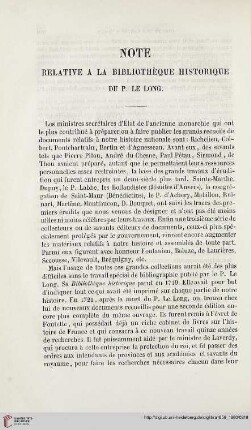 Note relative à la Bibliothèque historique du P. le Long