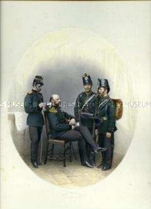 Uniformdarstellung, Porträtfoto,Jäger-Bataillon der leichten Infanterie, Sachsen, 1865.