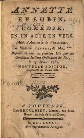 Annette et Lubin : Comédie, en un acte en vers, mêlée d'ariettes & de vaudevilles