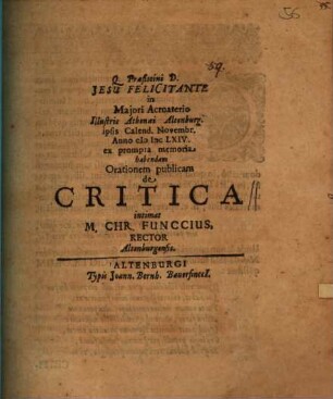 Orationem publicam de critica intimat M. Chr. Funccius