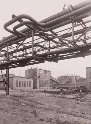 Brikettfabrik "Schwarze Pumpe" : Schwarze Pumpe. Braunkohlenveredlungskombinat "Schwarze Pumpe". Brikettfabrik West (1957/1959, 1996/1999 Demontage). Gebäude des Trockendienstes mit 16 Röhrentrocknern und Rohrbrücke