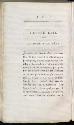 Lettre LXVI. La Même a la Même. - Lettre LXXIII. Le Marquis de St. Alban a la Duchesse de Montjustin.