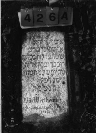 Grabstein 426 (Index: 99792017) Material: Sandstein, weiße Marmorplatte Zustand: leicht verwittert, Stele liegend Maße HxBxT: 108x60x18 cm Beschreibung: ädikulaartige Stele mit Halbsäulen, eingezogener Rundbogenabschluß, Schriftplatte Symbolik: Ranken: Grabstein 426A