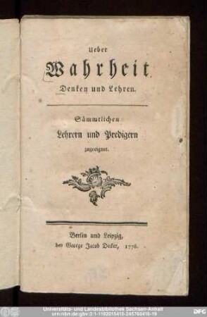 Ueber Wahrheit Denken und Lehren : Sämmtlichen Lehrern und Predigern zugeeignet