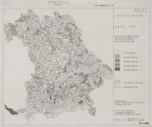 Anzahl der Bullenmastbetriebe mit 150 bis 180 Bullen einschließlich Kälber je Gemeinde in Bayern 1979, Agrarleitplan, Wertungskarte