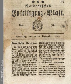 No. 52, Dienstag, den 29ten December 1807