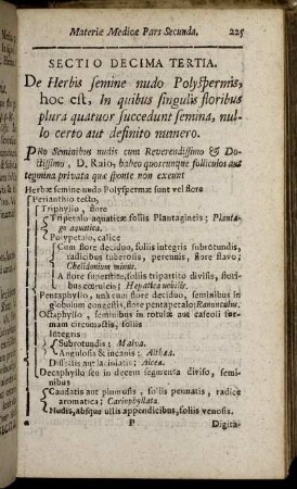 Sectio Decima Tertia. De Herbis semine nudo Polyspermis, hoc est... - Sectio Decima Octava. De Herbis floribus tetrapetalis.