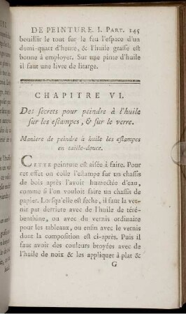 Chapitre VI. Des secrets pour peindre à l' huile sur les estampes, & sur le verre