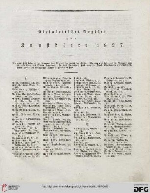 Alphabetisches Register zum Kunstblatt 1827