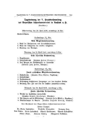 Tagesordnung der V. Hauptversammlung des Bayerischen Lehrerinnenvereins in Neustadt a. H.