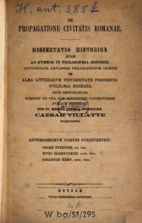 De propagatione civitatis Romanae : dissertatio historica