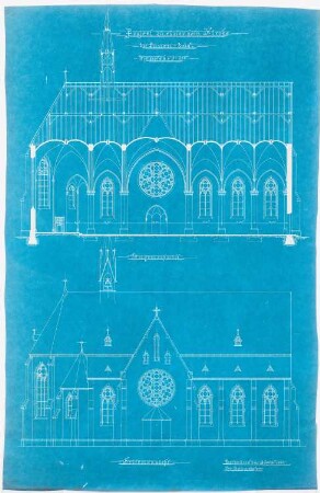Heilige Familie-Kirche, Lünen: Längsschnitt und Seitenansicht der Kirche (1:100)