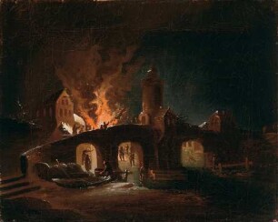 Nächtliche Feuersbrunst an einem Flußufer